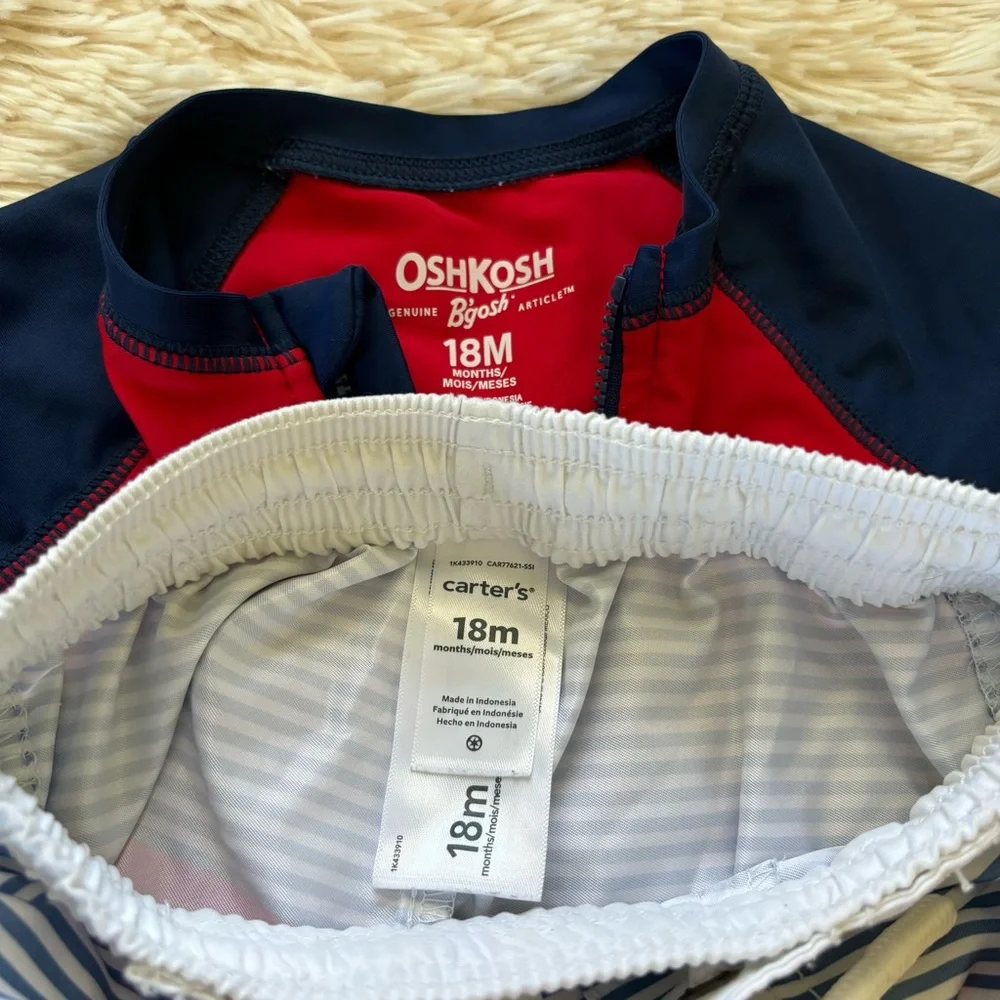 Oshkosh and Carter’s Red Striped Swim Trunks and Rash Guard 18 months